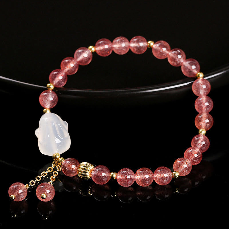 Wear FengShui Natural Strawberry Quartz Agate Rabbit Healing Bracelet