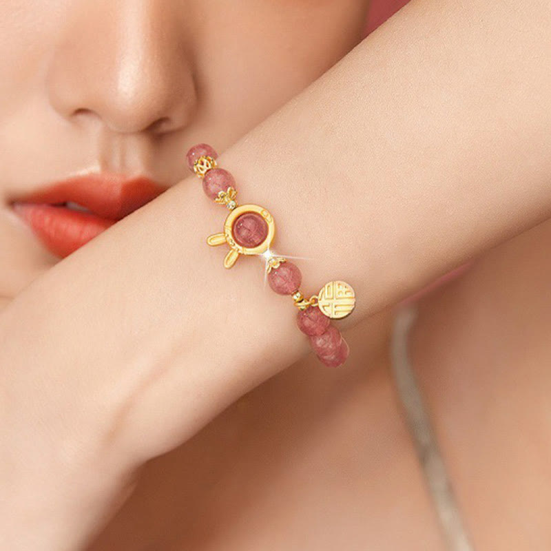 Wear FengShui Natural Strawberry Quartz Rabbit Fu Character Charm Love Bracelet