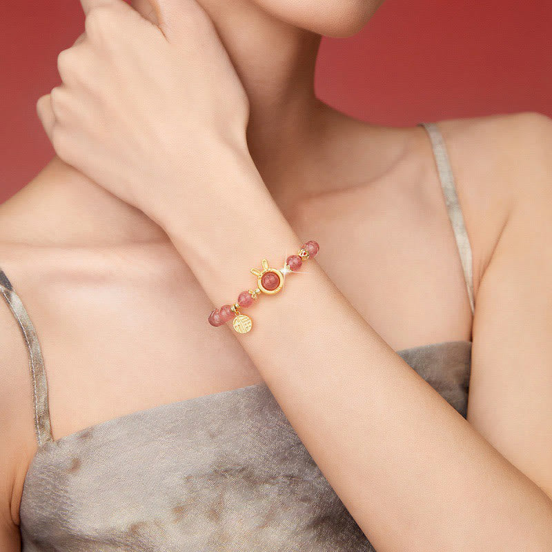 Wear FengShui Natural Strawberry Quartz Rabbit Fu Character Charm Love Bracelet
