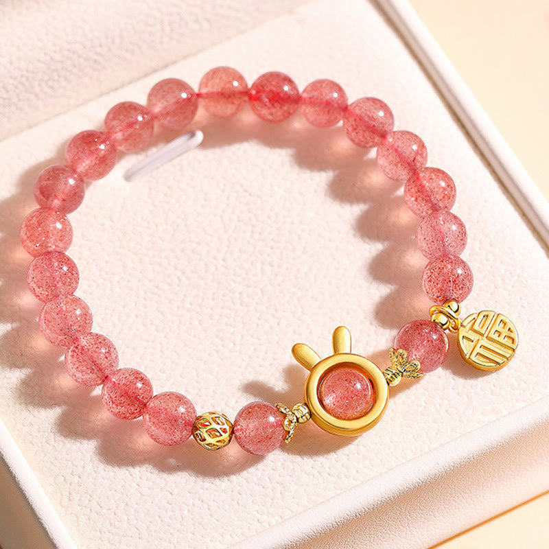 Wear FengShui Natural Strawberry Quartz Rabbit Fu Character Charm Love Bracelet