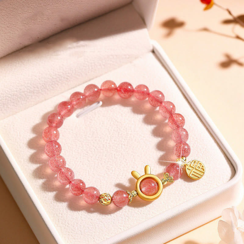 Wear FengShui Natural Strawberry Quartz Rabbit Fu Character Charm Love Bracelet