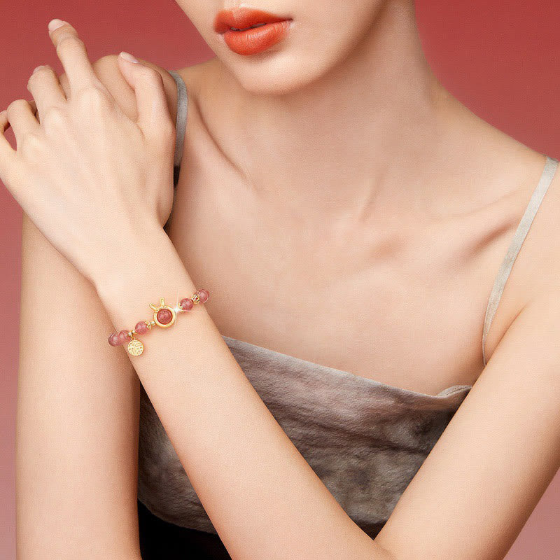 Wear FengShui Natural Strawberry Quartz Rabbit Fu Character Charm Love Bracelet