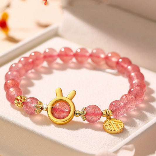 Wear FengShui Natural Strawberry Quartz Rabbit Fu Character Charm Love Bracelet