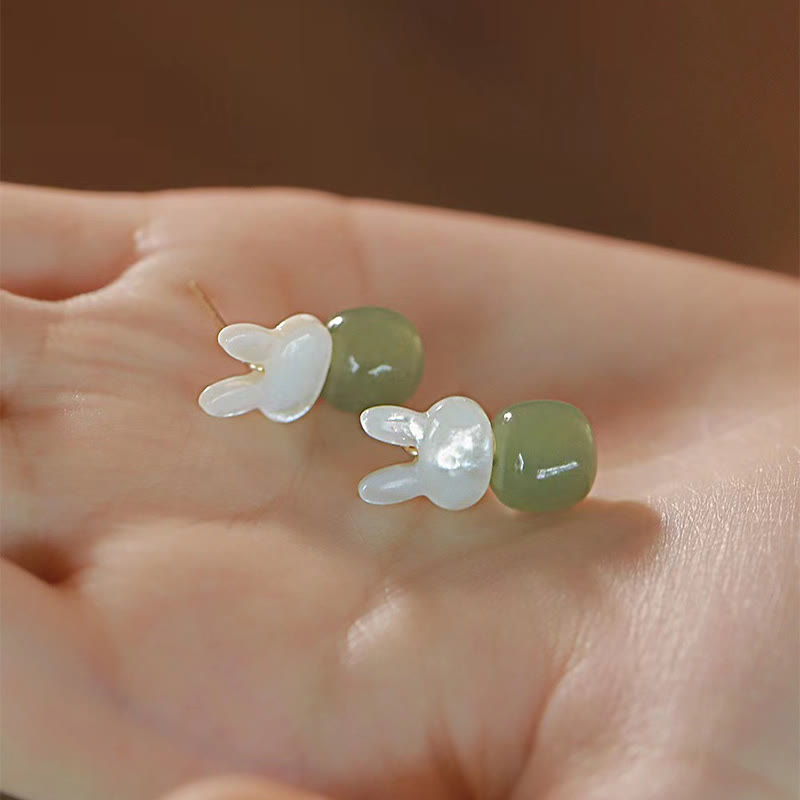Wear FengShui Tridacna Stone Cute Rabbit Hetian Jade Luck Earrings
