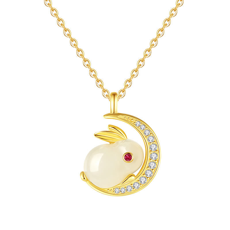 Wear FengShui 925 Sterling Silver Hetian White Jade Rabbit Crescent Moon Luck Necklace Pendant