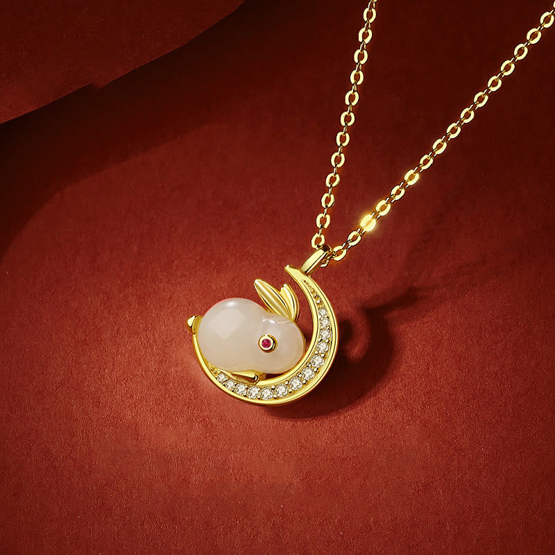 Wear FengShui 925 Sterling Silver Hetian White Jade Rabbit Crescent Moon Luck Necklace Pendant
