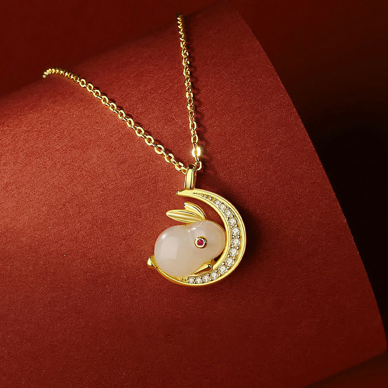 Wear FengShui 925 Sterling Silver Hetian White Jade Rabbit Crescent Moon Luck Necklace Pendant