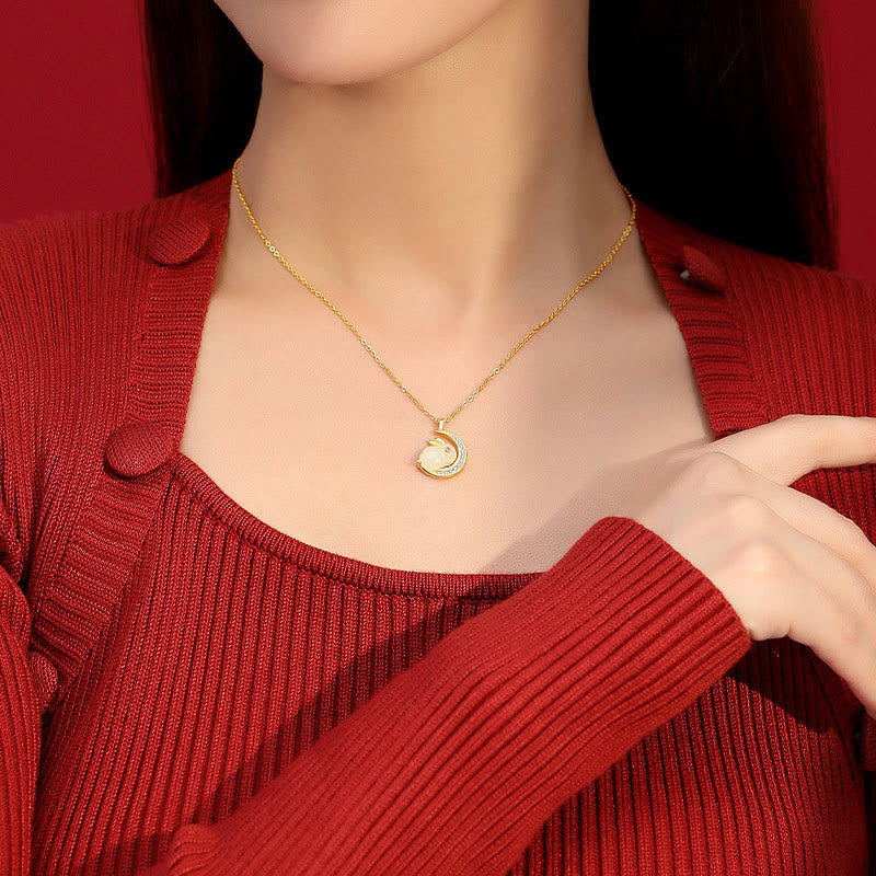 Wear FengShui 925 Sterling Silver Hetian White Jade Rabbit Crescent Moon Luck Necklace Pendant
