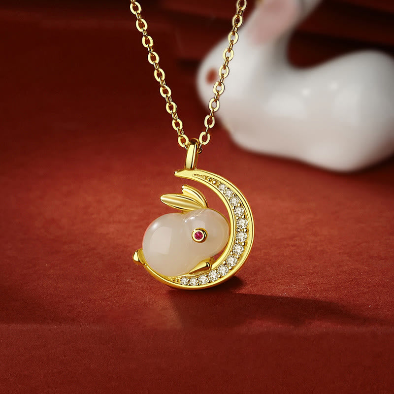 Wear FengShui 925 Sterling Silver Hetian White Jade Rabbit Crescent Moon Luck Necklace Pendant