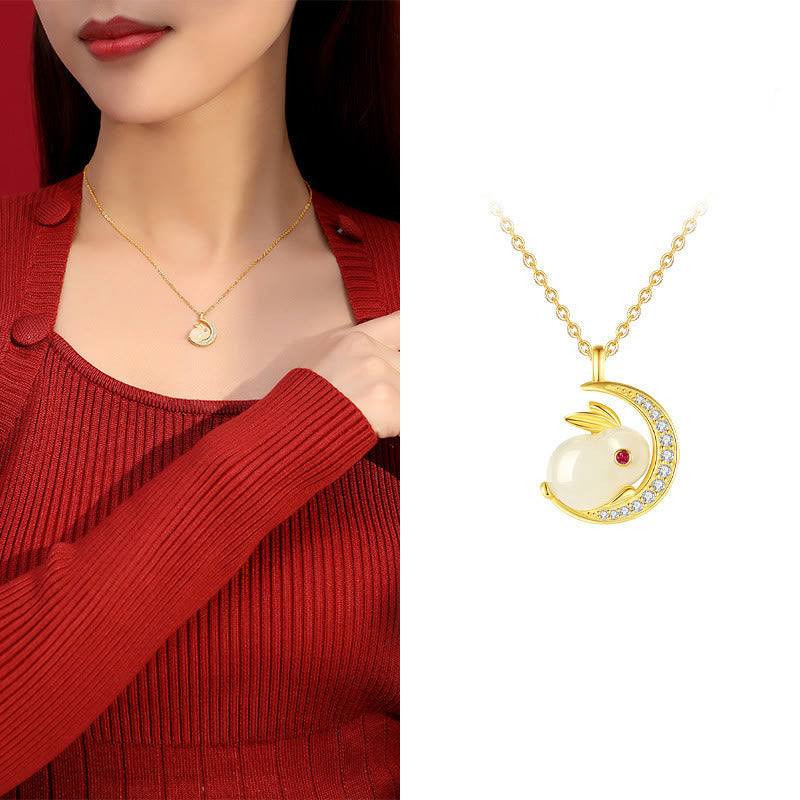 Wear FengShui 925 Sterling Silver Hetian White Jade Rabbit Crescent Moon Luck Necklace Pendant