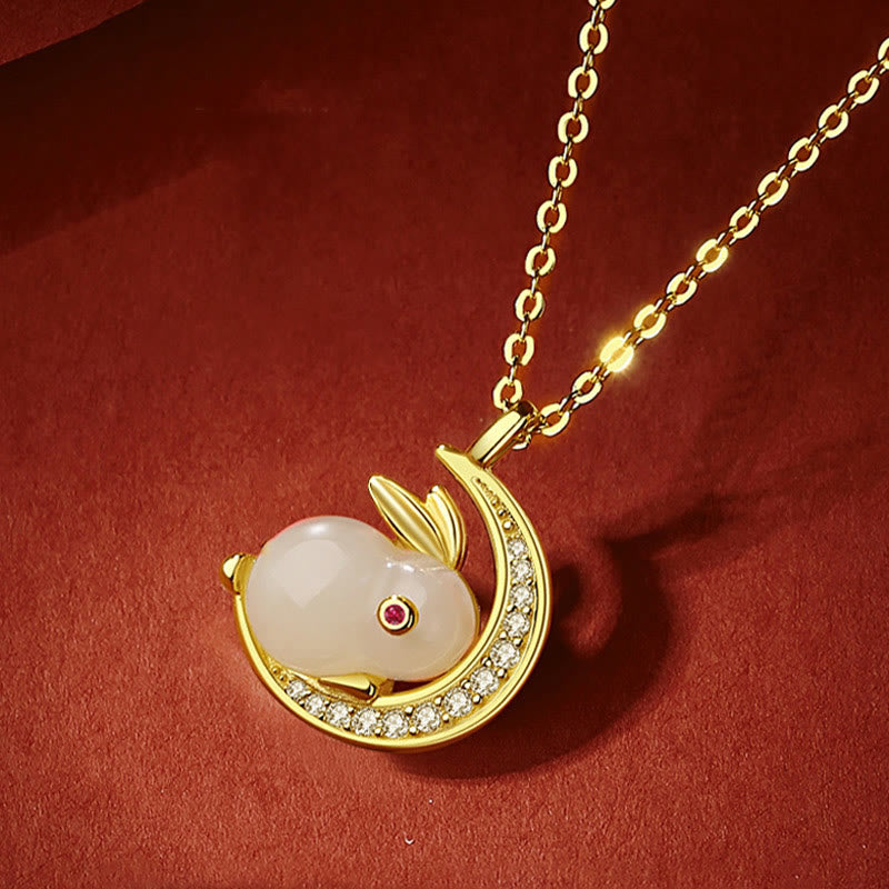 Wear FengShui 925 Sterling Silver Hetian White Jade Rabbit Crescent Moon Luck Necklace Pendant
