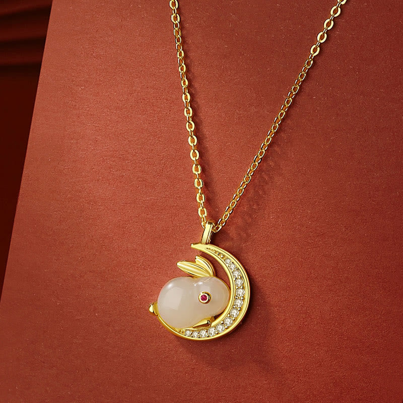 Wear FengShui 925 Sterling Silver Hetian White Jade Rabbit Crescent Moon Luck Necklace Pendant