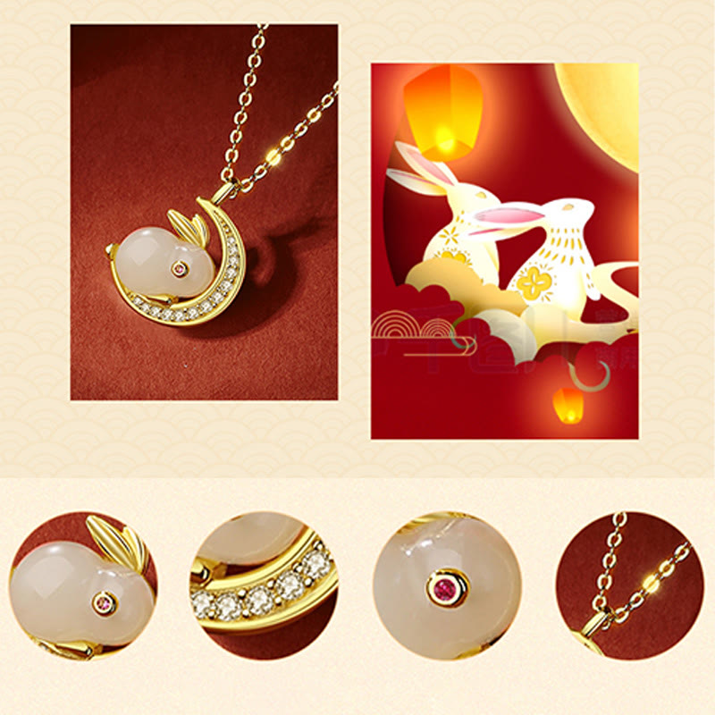 Wear FengShui 925 Sterling Silver Hetian White Jade Rabbit Crescent Moon Luck Necklace Pendant