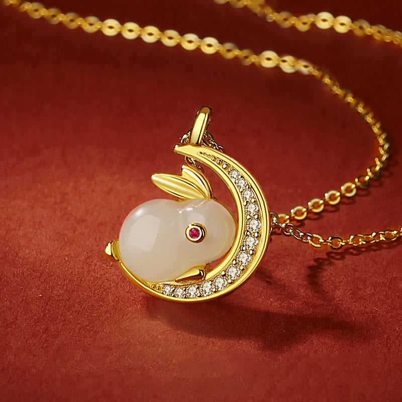 Wear FengShui 925 Sterling Silver Hetian White Jade Rabbit Crescent Moon Luck Necklace Pendant