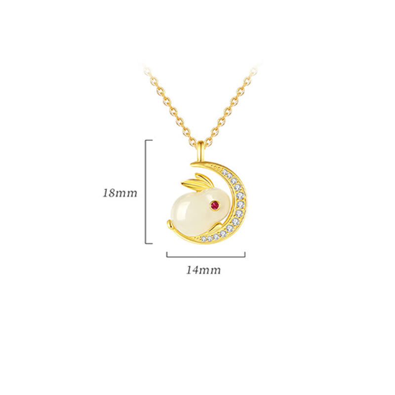 Wear FengShui 925 Sterling Silver Hetian White Jade Rabbit Crescent Moon Luck Necklace Pendant