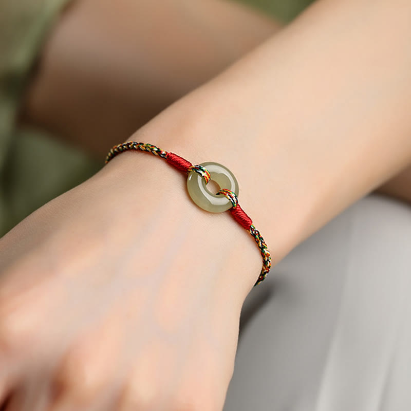 Wear FengShui Handmade Peace Buckle Jade Prosperity Colorful Rope Bracelet