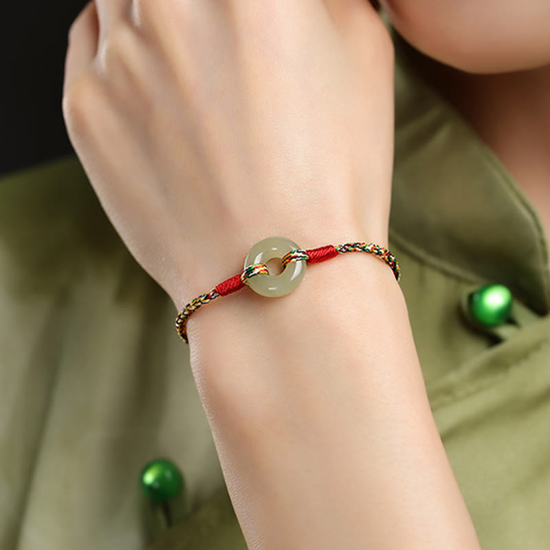 Wear FengShui Handmade Peace Buckle Jade Prosperity Colorful Rope Bracelet