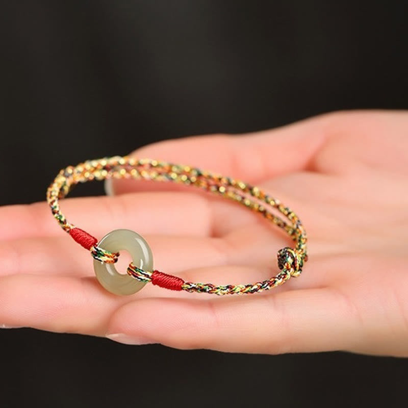 Wear FengShui Handmade Peace Buckle Jade Prosperity Colorful Rope Bracelet