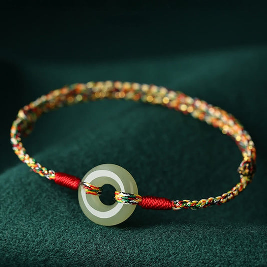 Wear FengShui Handmade Peace Buckle Jade Prosperity Colorful Rope Bracelet