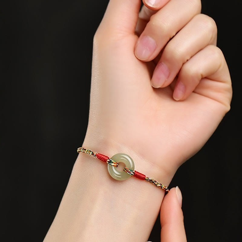 Wear FengShui Handmade Peace Buckle Jade Prosperity Colorful Rope Bracelet