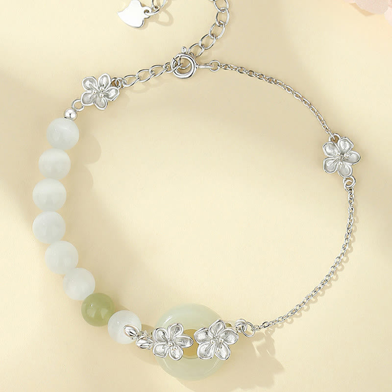 Wear FengShui 999 Sterling Silver Natural Hetian Jade Peace Buckle Peach Blossom Luck Bracelet