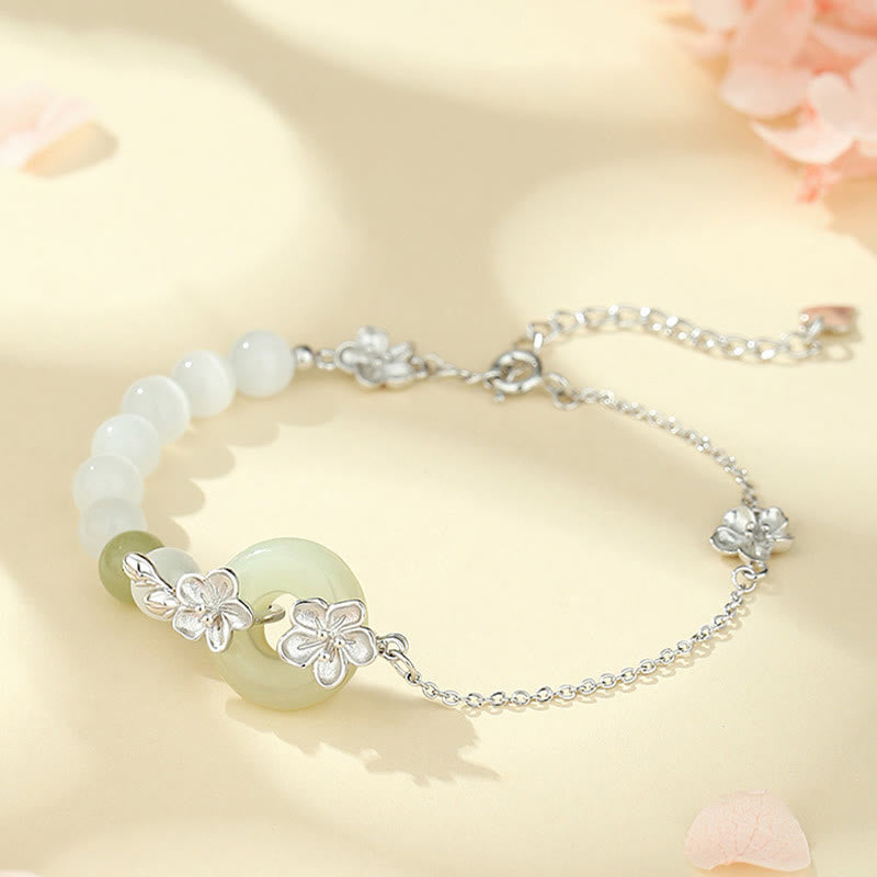 Wear FengShui 999 Sterling Silver Natural Hetian Jade Peace Buckle Peach Blossom Luck Bracelet