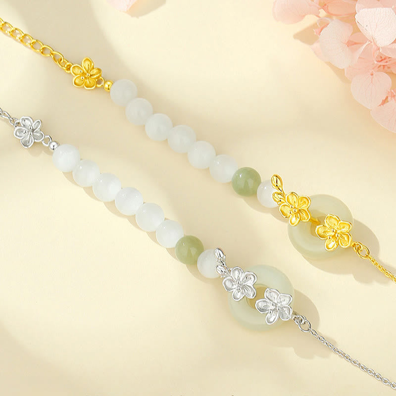 Wear FengShui 999 Sterling Silver Natural Hetian Jade Peace Buckle Peach Blossom Luck Bracelet