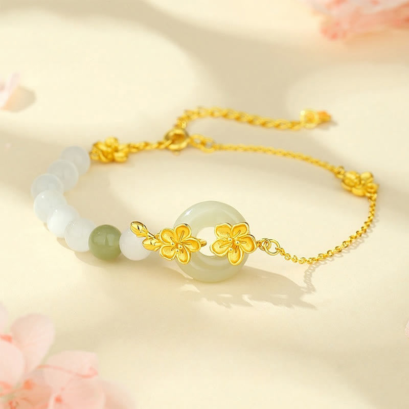 Wear FengShui 999 Sterling Silver Natural Hetian Jade Peace Buckle Peach Blossom Luck Bracelet