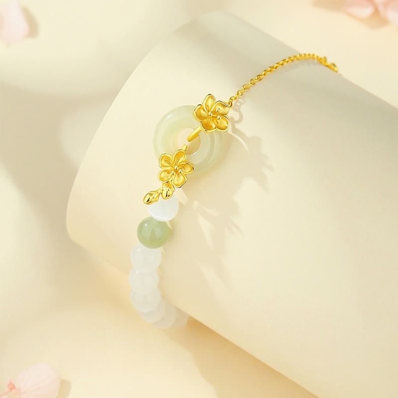 Wear FengShui 999 Sterling Silver Natural Hetian Jade Peace Buckle Peach Blossom Luck Bracelet