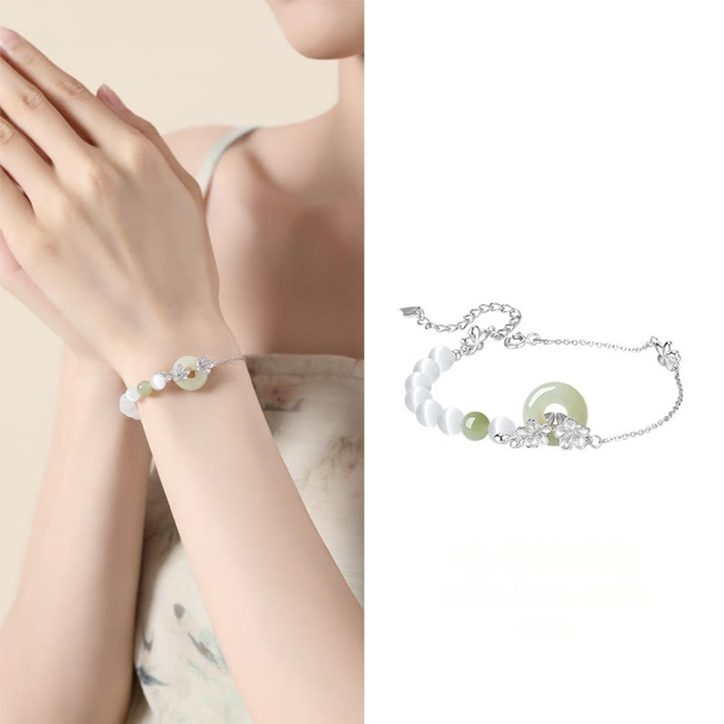 Wear FengShui 999 Sterling Silver Natural Hetian Jade Peace Buckle Peach Blossom Luck Bracelet