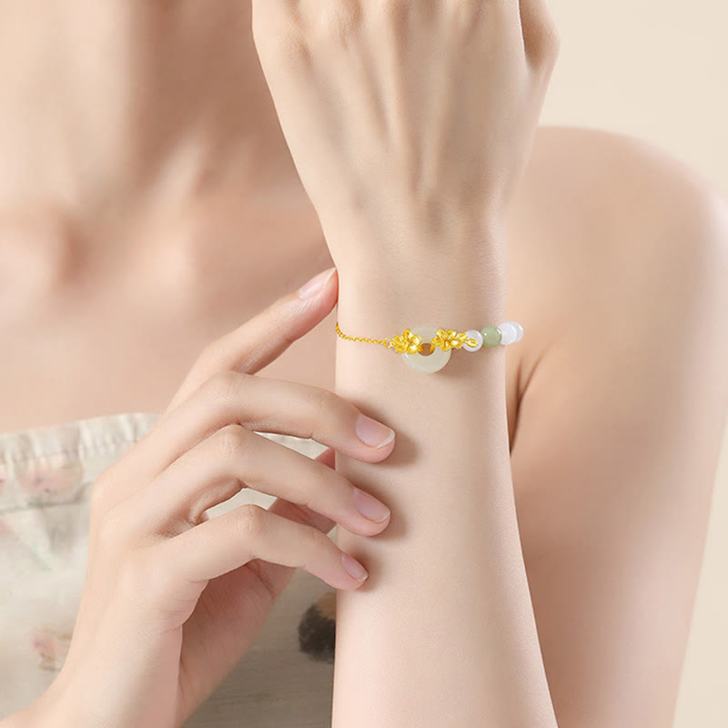 Wear FengShui 999 Sterling Silver Natural Hetian Jade Peace Buckle Peach Blossom Luck Bracelet
