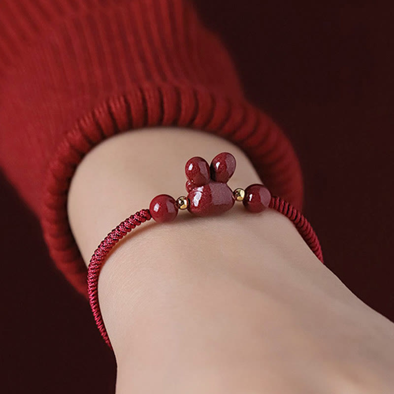 Wear FengShui Handmade Cinnabar Chinese Zodiac Rabbit Luck Red Rope Bracelet