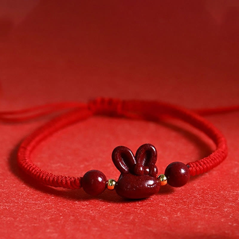 Wear FengShui Handmade Cinnabar Chinese Zodiac Rabbit Luck Red Rope Bracelet