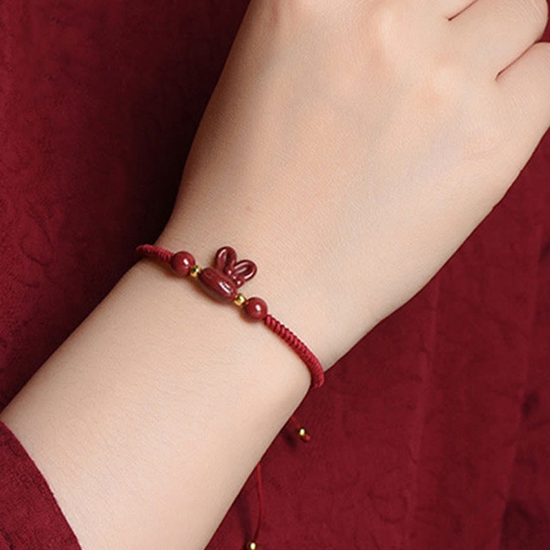Wear FengShui Handmade Cinnabar Chinese Zodiac Rabbit Luck Red Rope Bracelet