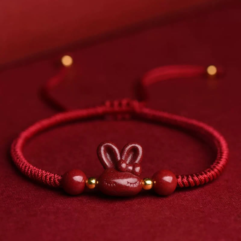 Wear FengShui Handmade Cinnabar Chinese Zodiac Rabbit Luck Red Rope Bracelet