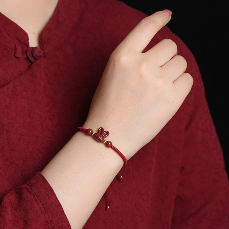 Wear FengShui Handmade Cinnabar Chinese Zodiac Rabbit Luck Red Rope Bracelet