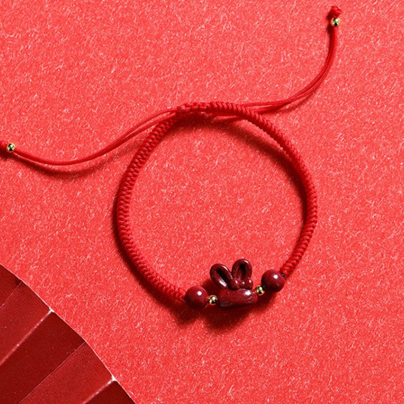 Wear FengShui Handmade Cinnabar Chinese Zodiac Rabbit Luck Red Rope Bracelet