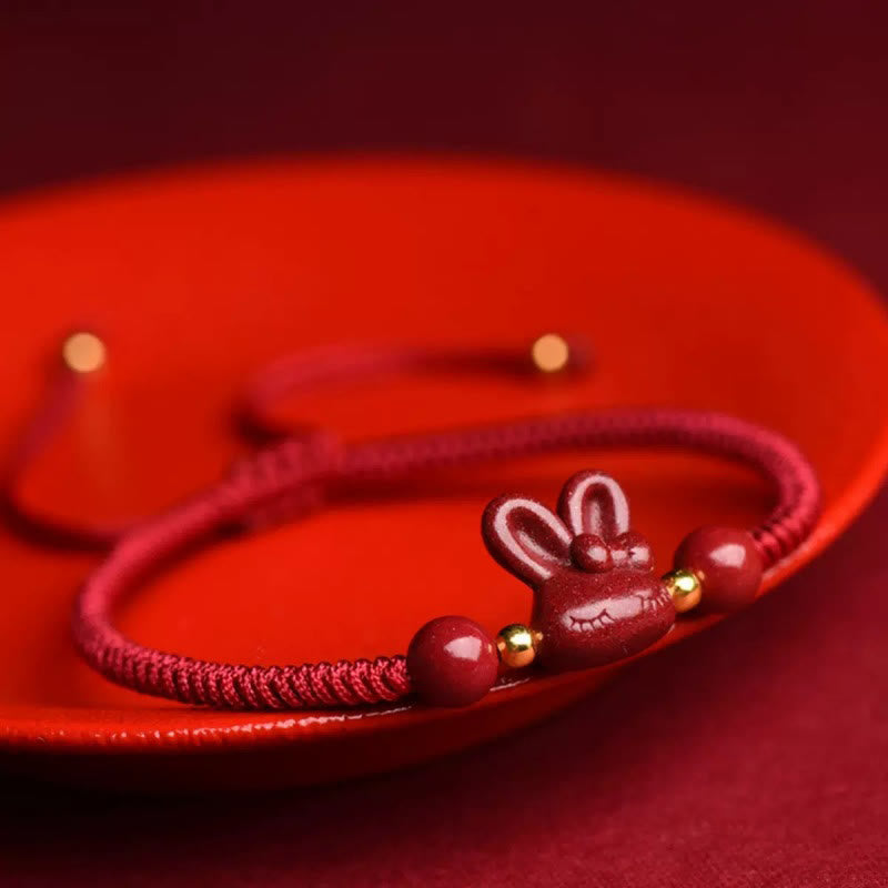Wear FengShui Handmade Cinnabar Chinese Zodiac Rabbit Luck Red Rope Bracelet