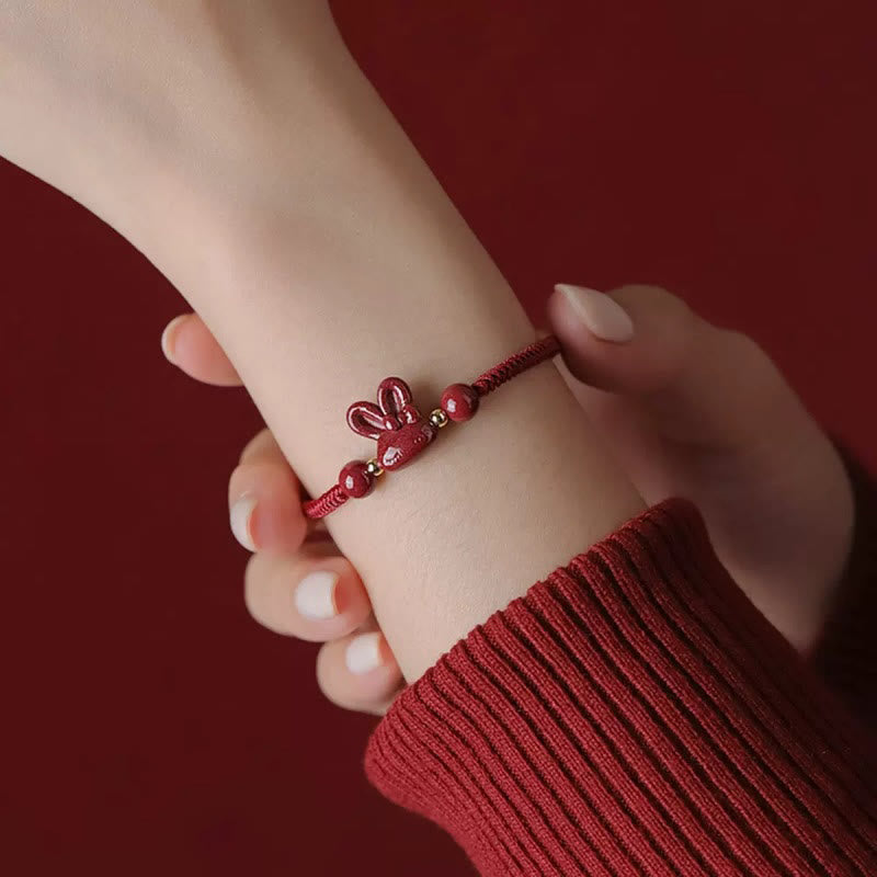 Wear FengShui Handmade Cinnabar Chinese Zodiac Rabbit Luck Red Rope Bracelet