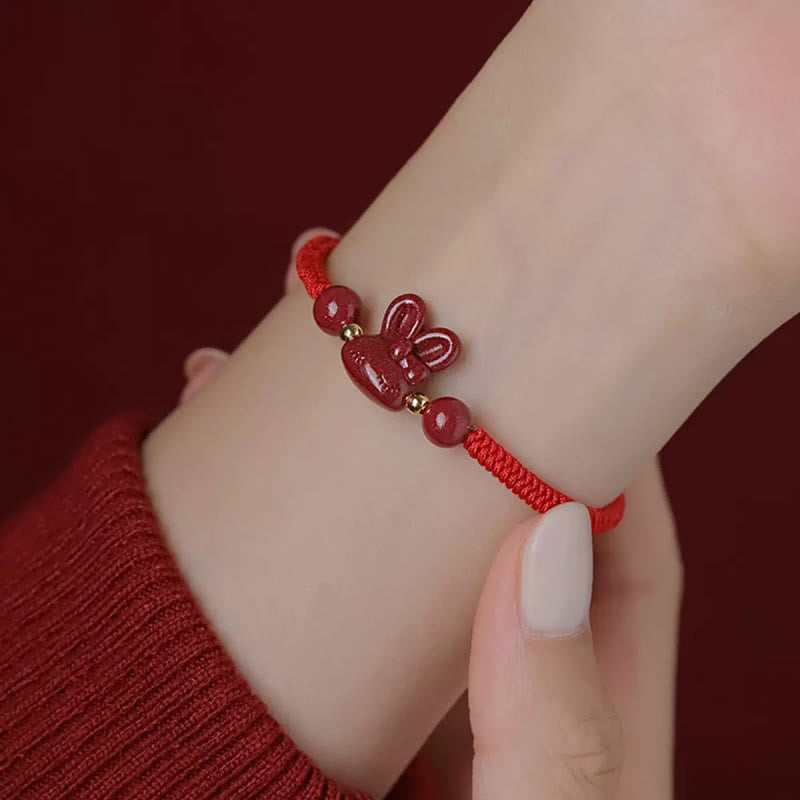 Wear FengShui Handmade Cinnabar Chinese Zodiac Rabbit Luck Red Rope Bracelet