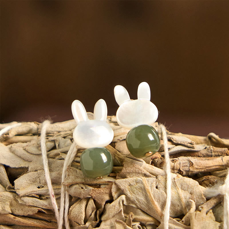 Wear FengShui Tridacna Stone Cute Rabbit Hetian Jade Luck Earrings