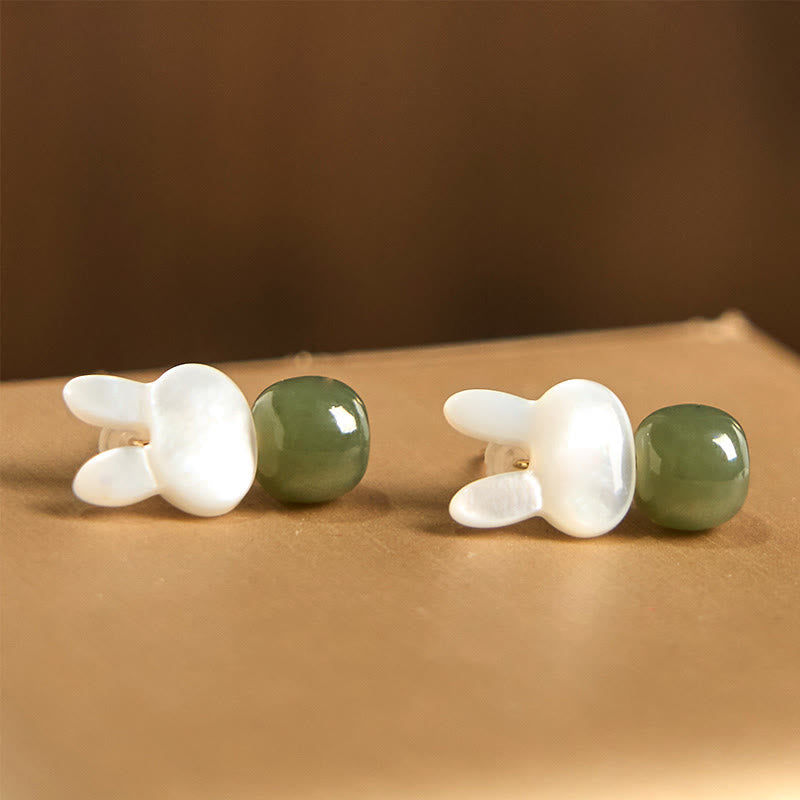 Wear FengShui Tridacna Stone Cute Rabbit Hetian Jade Luck Earrings