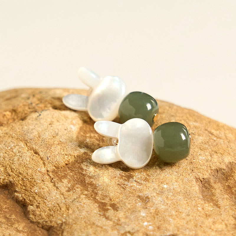 Wear FengShui Tridacna Stone Cute Rabbit Hetian Jade Luck Earrings