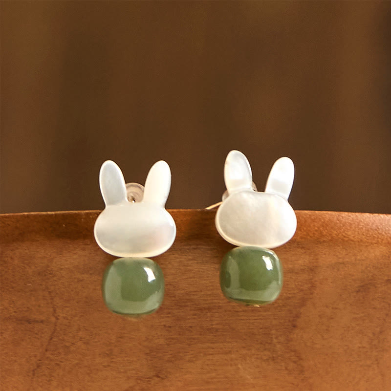 Wear FengShui Tridacna Stone Cute Rabbit Hetian Jade Luck Earrings