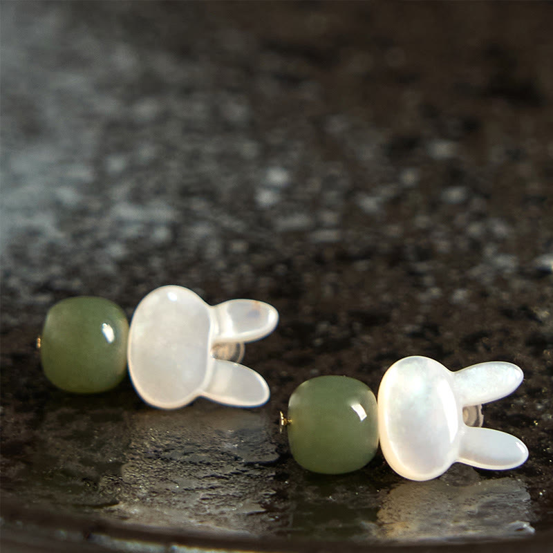 Wear FengShui Tridacna Stone Cute Rabbit Hetian Jade Luck Earrings