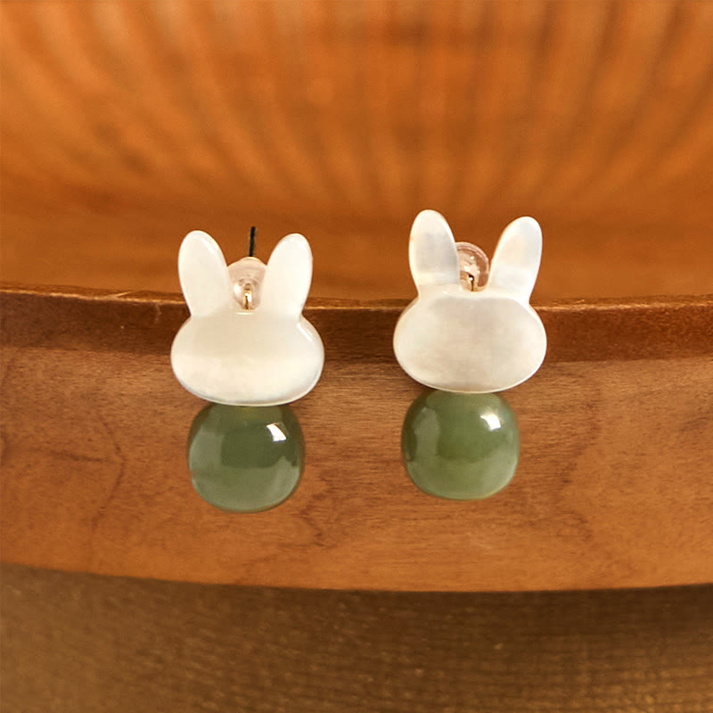 Wear FengShui Tridacna Stone Cute Rabbit Hetian Jade Luck Earrings