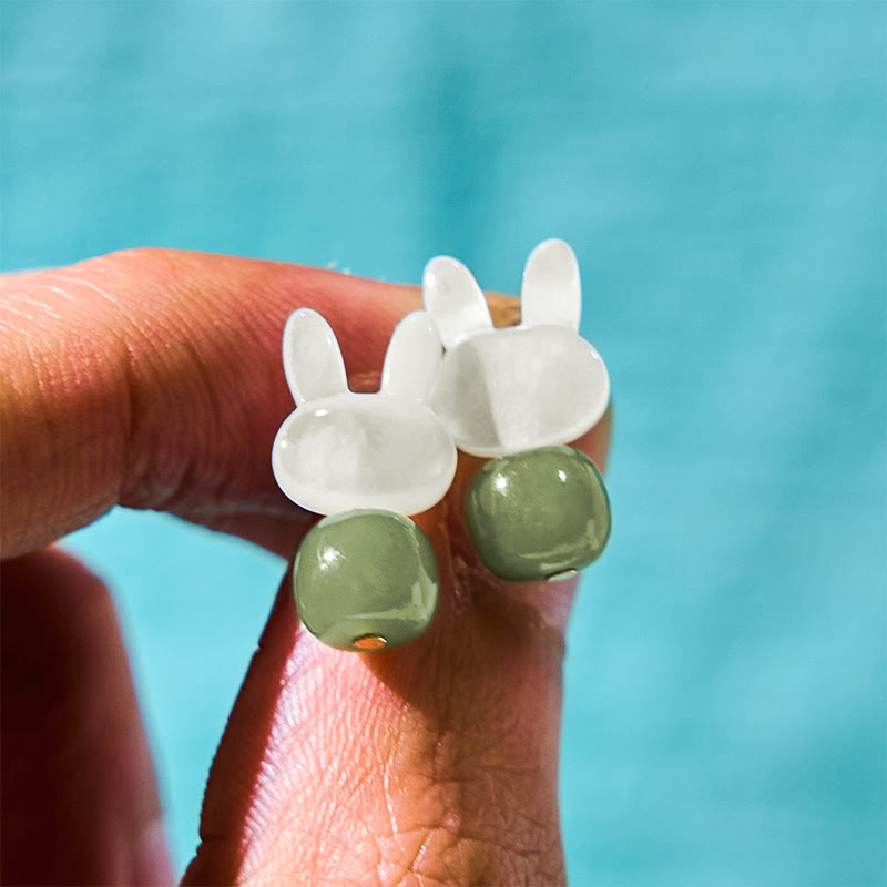 Wear FengShui Tridacna Stone Cute Rabbit Hetian Jade Luck Earrings
