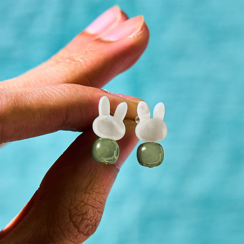 Wear FengShui Tridacna Stone Cute Rabbit Hetian Jade Luck Earrings