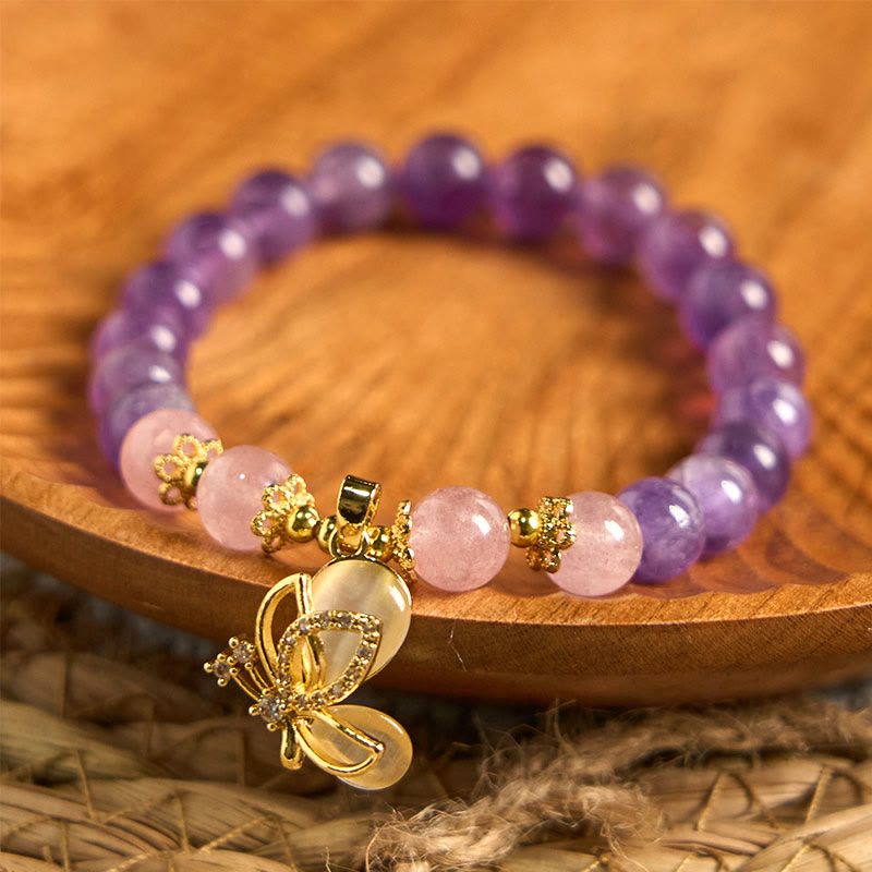 Wear FengShui Natural Amethyst Strawberry Quartz Crystal Healing Butterfly Charm Bracelet