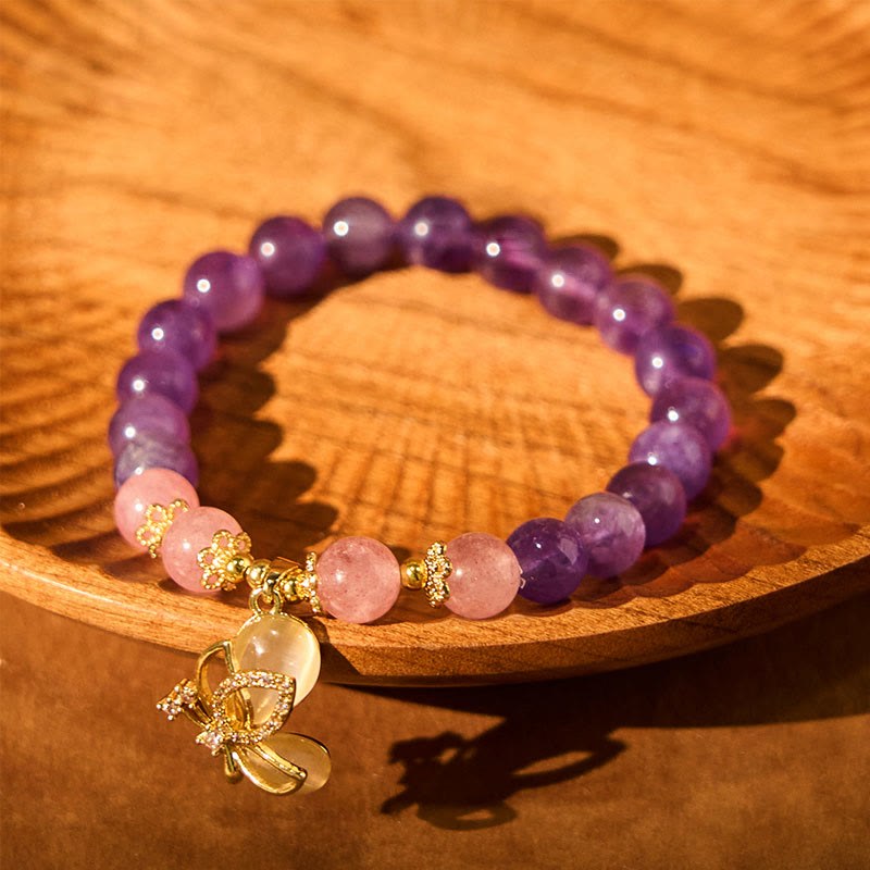 Wear FengShui Natural Amethyst Strawberry Quartz Crystal Healing Butterfly Charm Bracelet